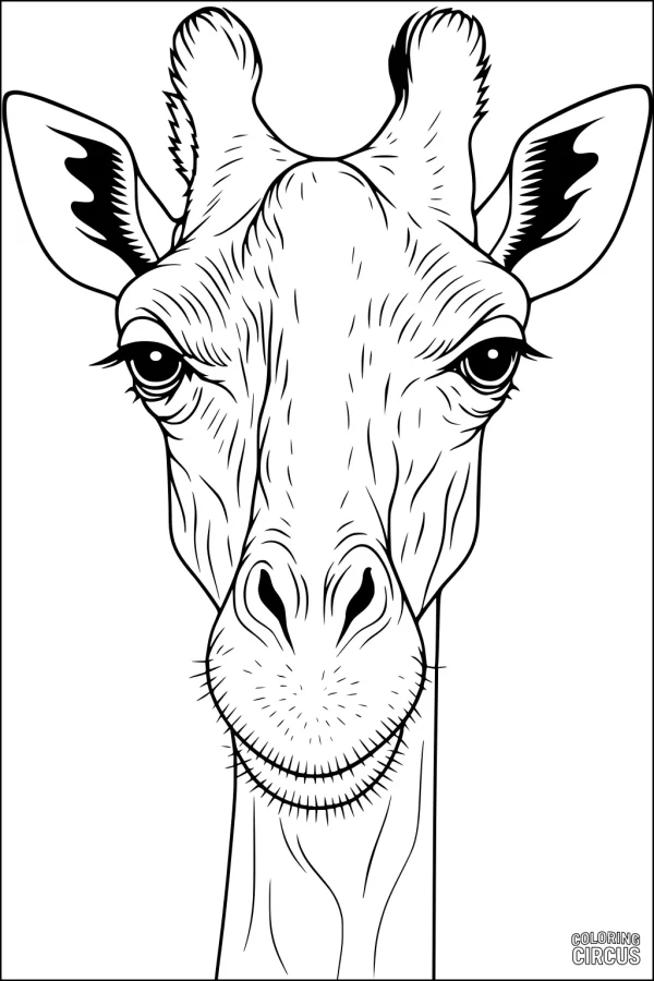 Coloring page featuring a detailed front view of a giraffe's face with large ears and expressive eyes
