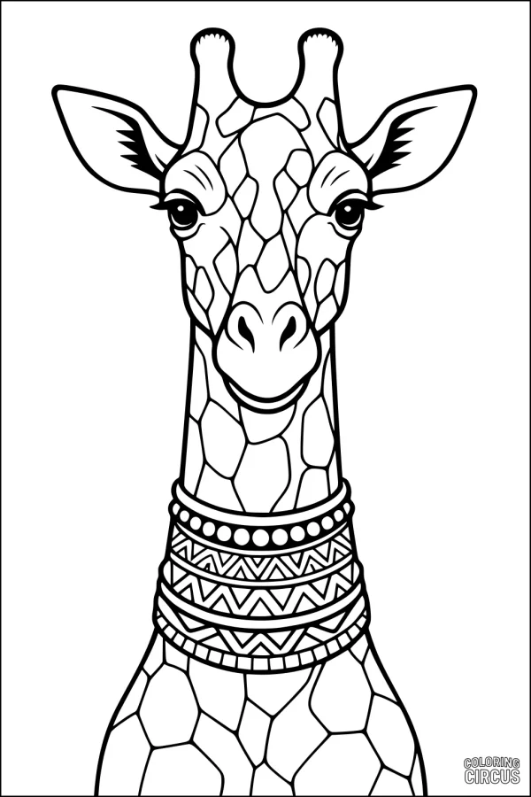 Coloring page of a giraffe with patterned necklaces and distinct spotting, suitable for kids.