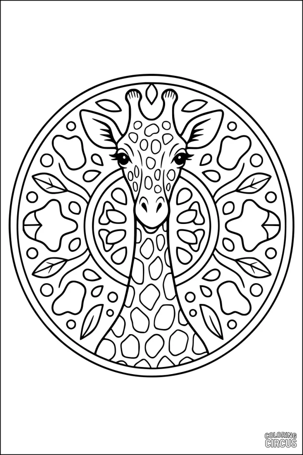 Coloring page featuring a giraffe head framed by a decorative floral mandala pattern