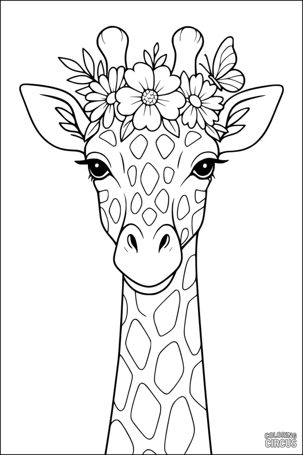 Coloring page featuring a giraffe with a flower crown and a butterfly on her head