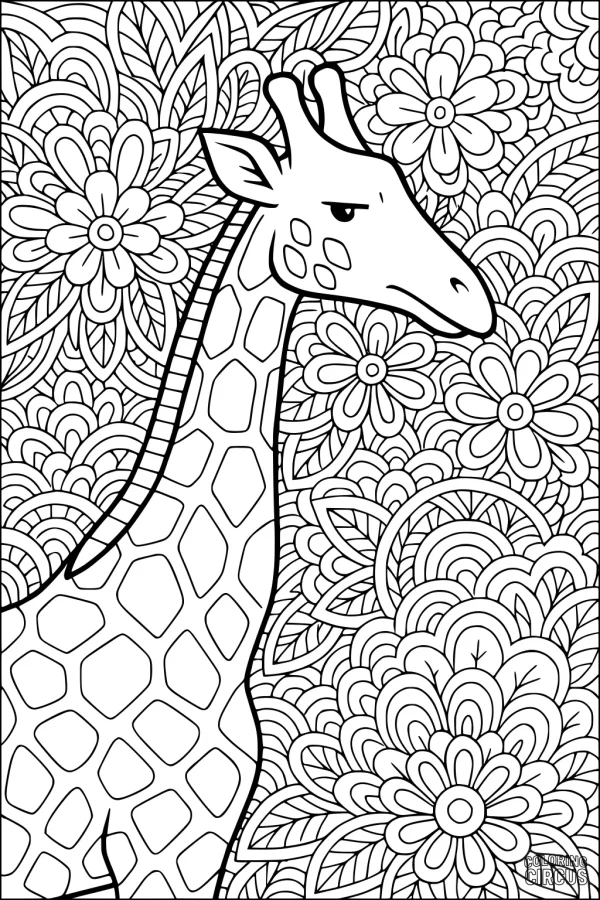 Coloring page featuring a giraffe surrounded by detailed flowers and leaves