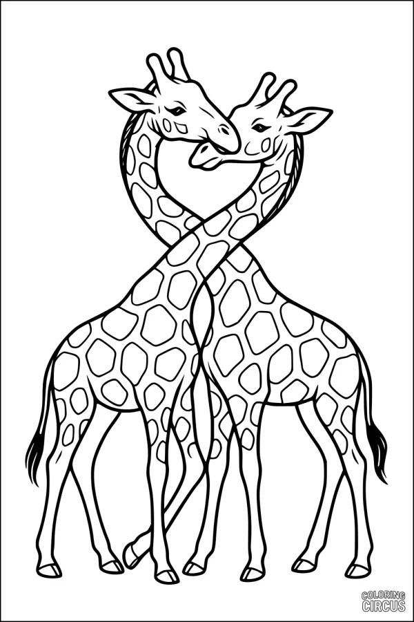Coloring page showing two giraffes with intertwined necks forming a heart shape
