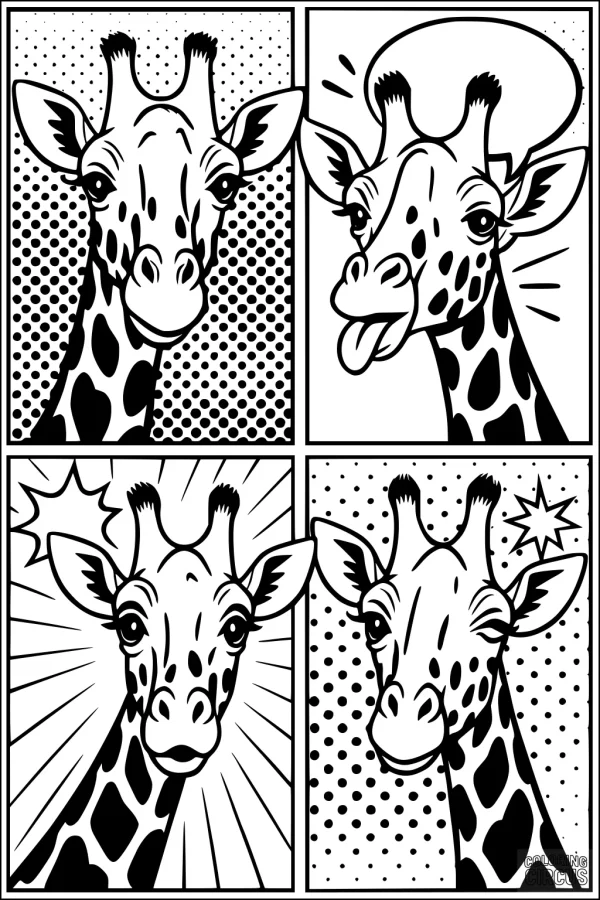 Coloring page with four cartoon giraffe faces in comic-style panels