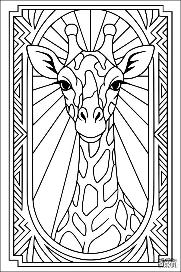 Coloring page showing a giraffe with geometric frame and sun rays