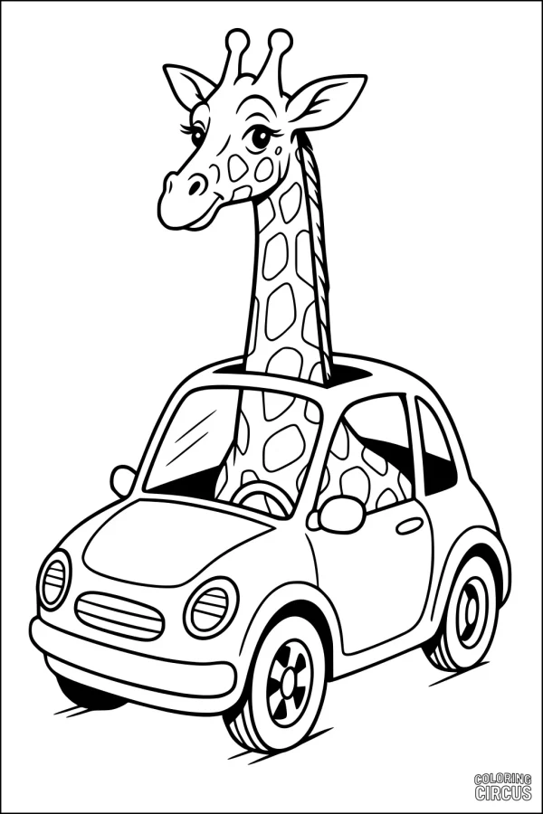 Coloring page showing a cartoon giraffe with a long neck sitting in a small car