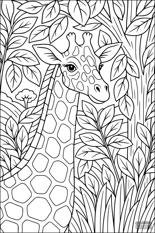 Coloring page giraffe in leafy jungle with trees and plants