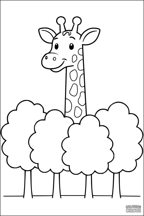 Coloring page with a smiling giraffe standing behind treetops