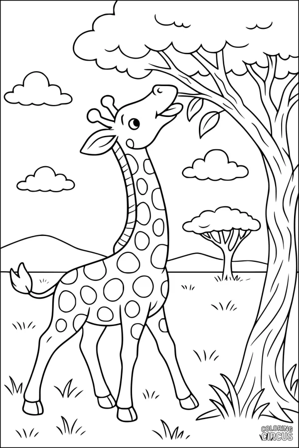 Coloring page showing a smiling giraffe reaching for leaves in a tree with savanna landscape
