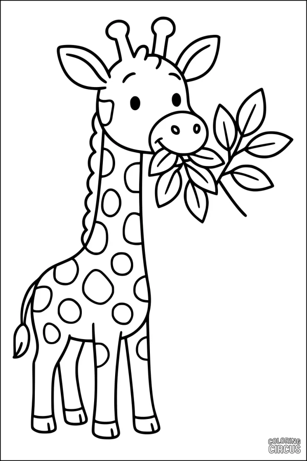 Coloring page featuring a cute cartoon giraffe eating leaves from a branch