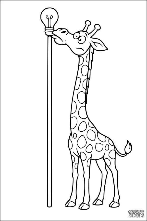 Coloring page giraffe curiously reaching for a giant lightbulb on a pole