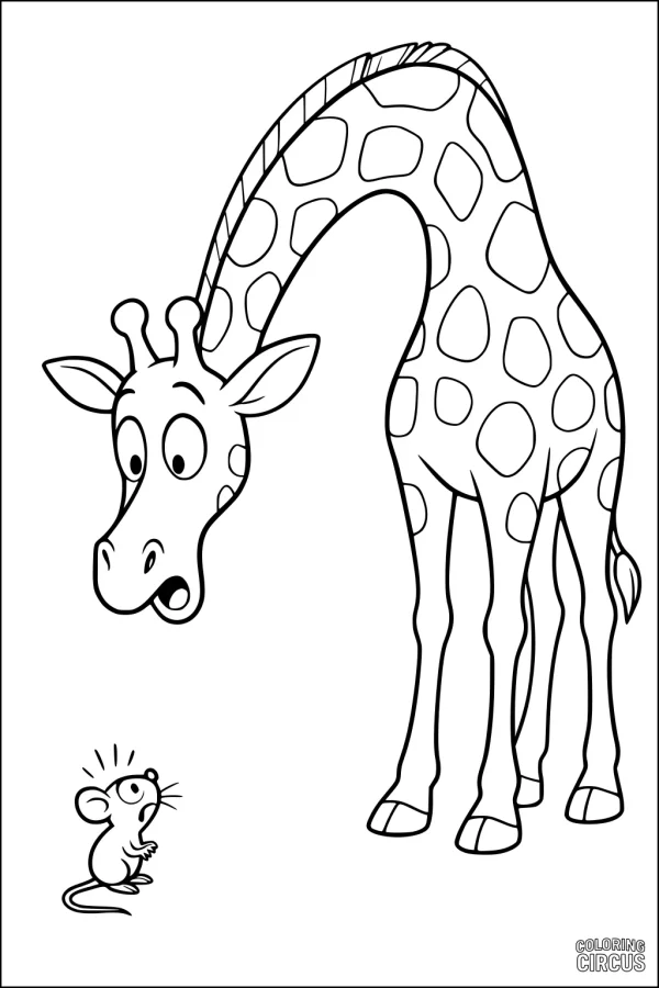 Coloring page featuring a wide-eyed giraffe bending down to look at a startled mouse