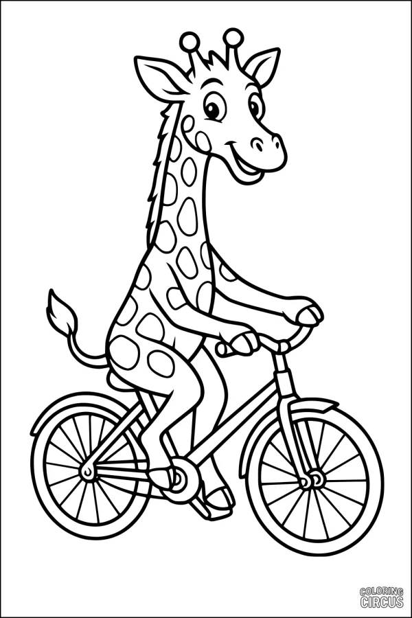 Coloring page featuring a smiling giraffe riding a bicycle, perfect for kids