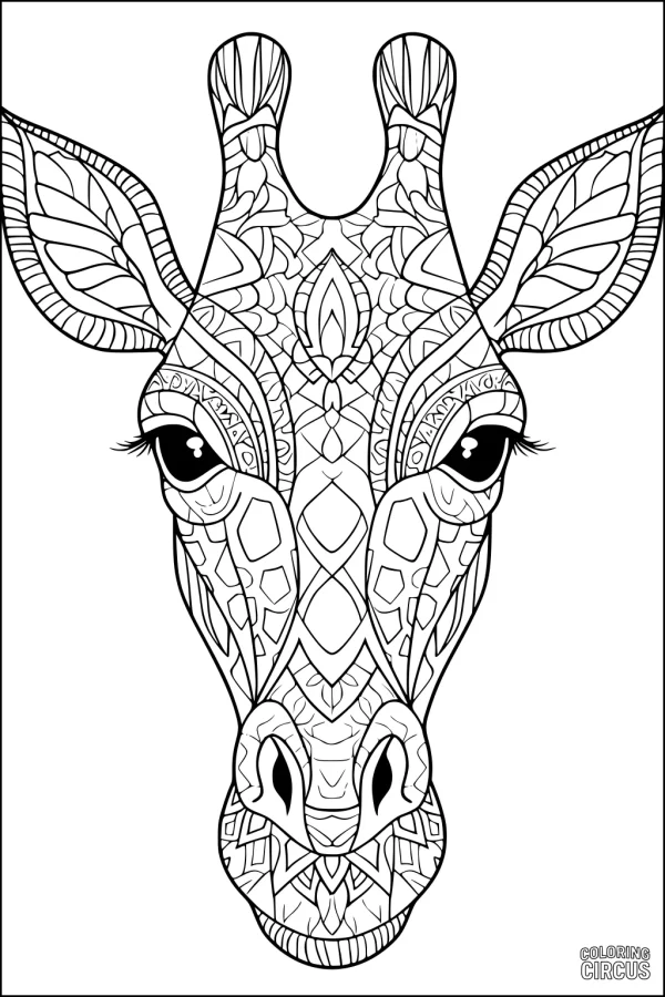 Coloring page featuring an intricate patterned giraffe face for kids and adults