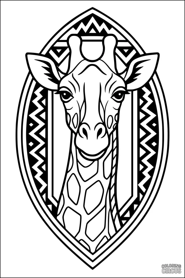Coloring page of a giraffe head surrounded by an African-inspired patterned frame