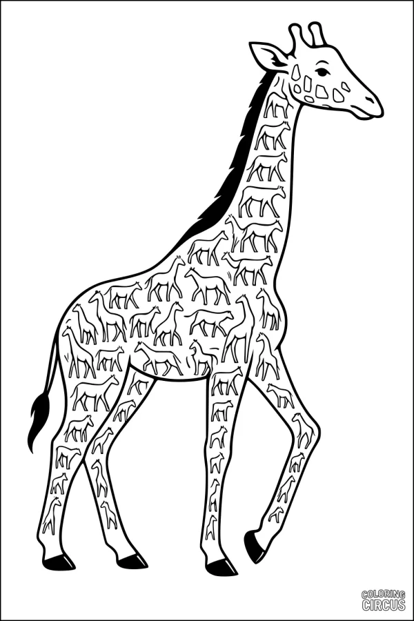 Coloring page of a large giraffe filled with small giraffe patterns on its body