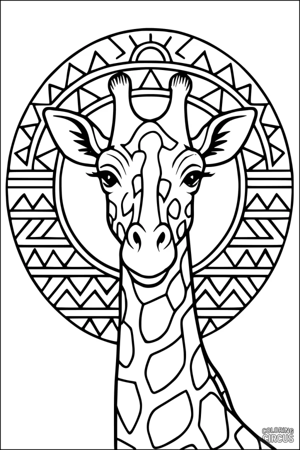 Coloring page of a giraffe with a patterned sun background