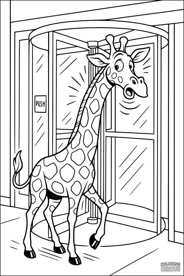 Coloring page giraffe walking through a revolving glass door in a building, cartoon style