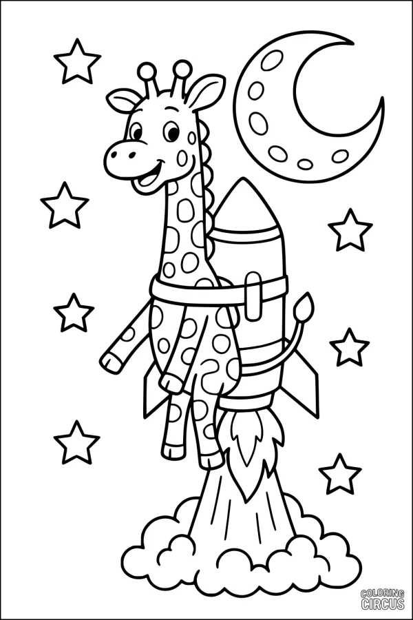 Coloring page featuring a happy giraffe riding a rocket with stars and a crescent moon in the background