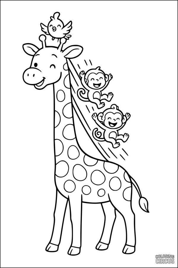 Coloring page of a smiling giraffe with two monkeys sliding down its neck and a bird perched on its head