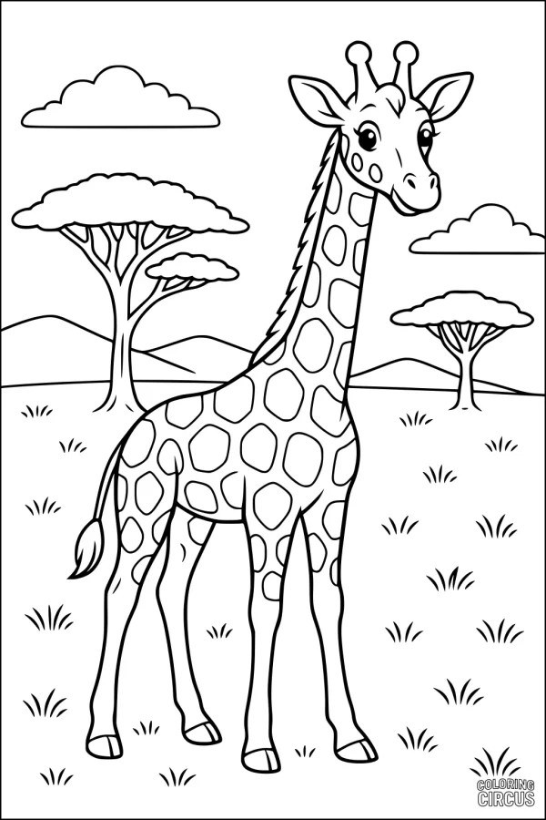 Coloring page showing a cute giraffe standing in an African savanna with trees and grass