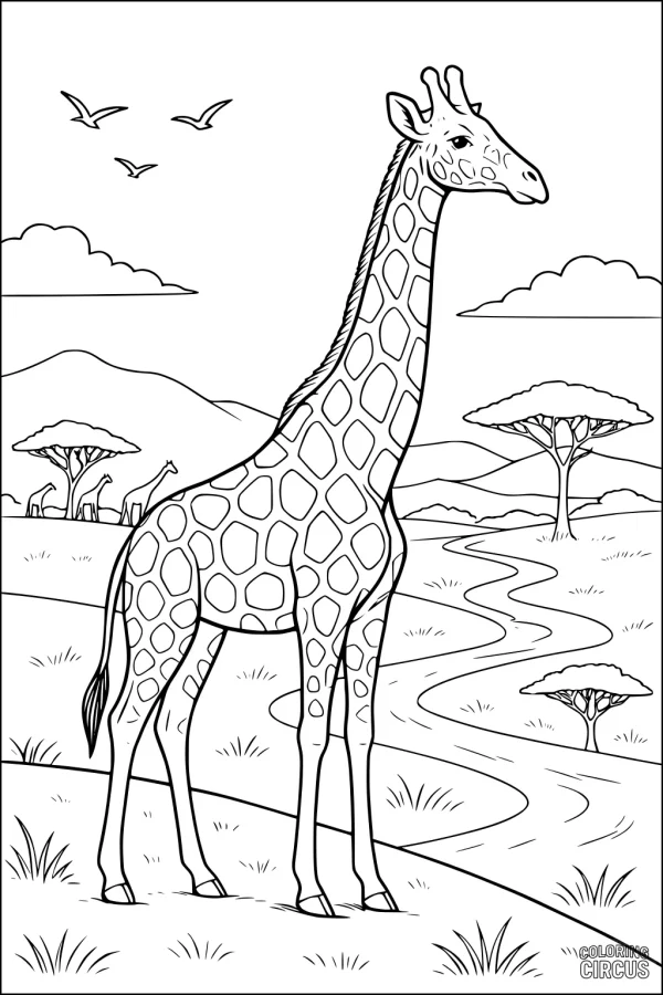 Coloring page featuring a giraffe standing in an African savanna landscape with trees, a river, and mountains in the background