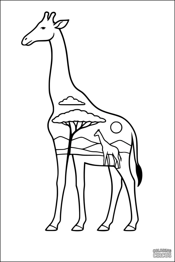 Coloring page of a giraffe with an African savanna scene including trees, mountains, sun, and another giraffe inside its body outline