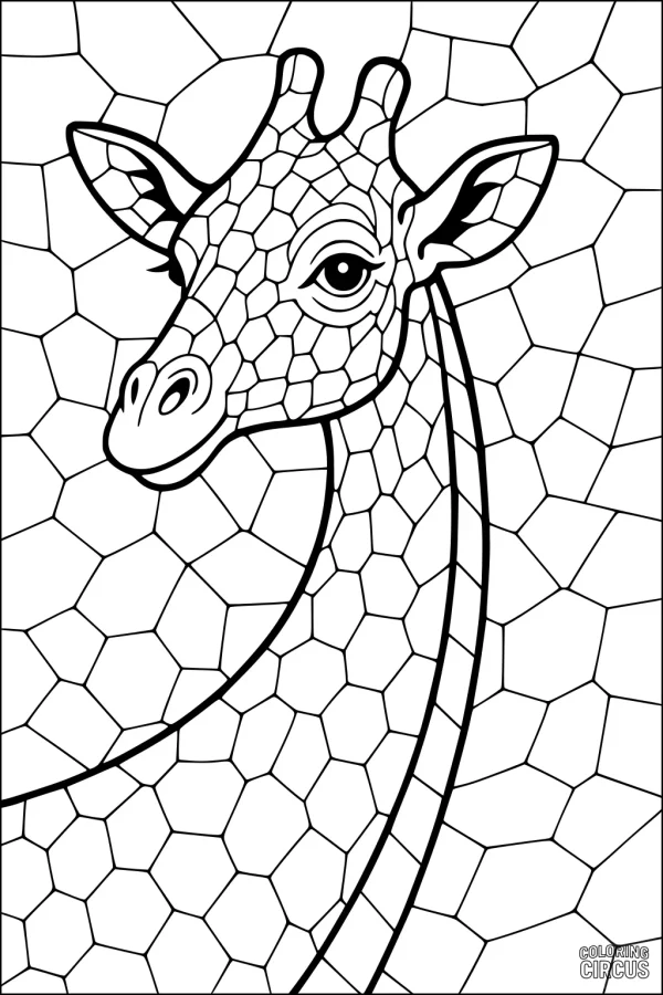 Coloring page detailed giraffe head and neck with mosaic pattern background