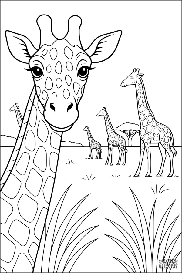 Coloring page featuring a group of giraffes on an African savanna, with one close-up giraffe and grassy landscape.