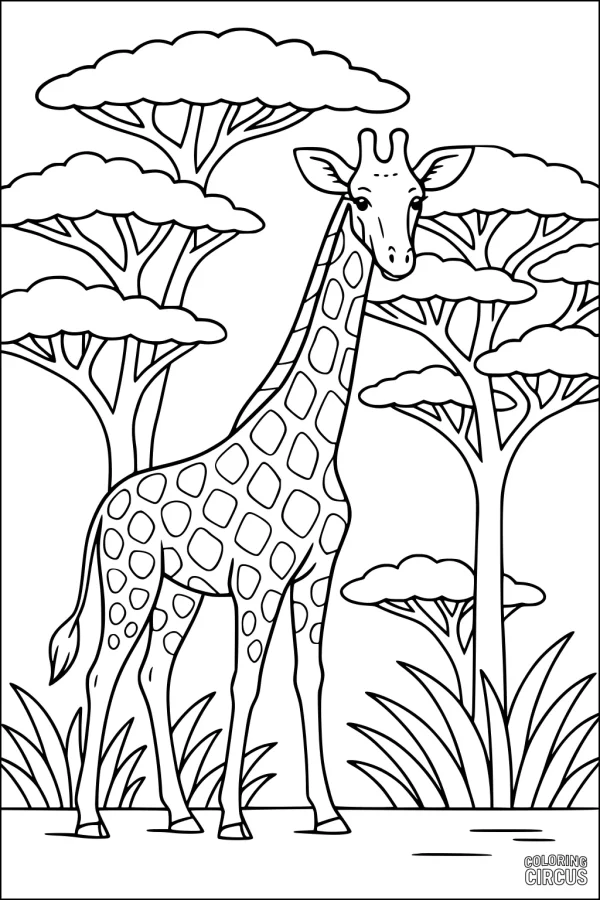 Coloring page featuring a friendly giraffe standing among tall acacia trees and grass in the African savanna.