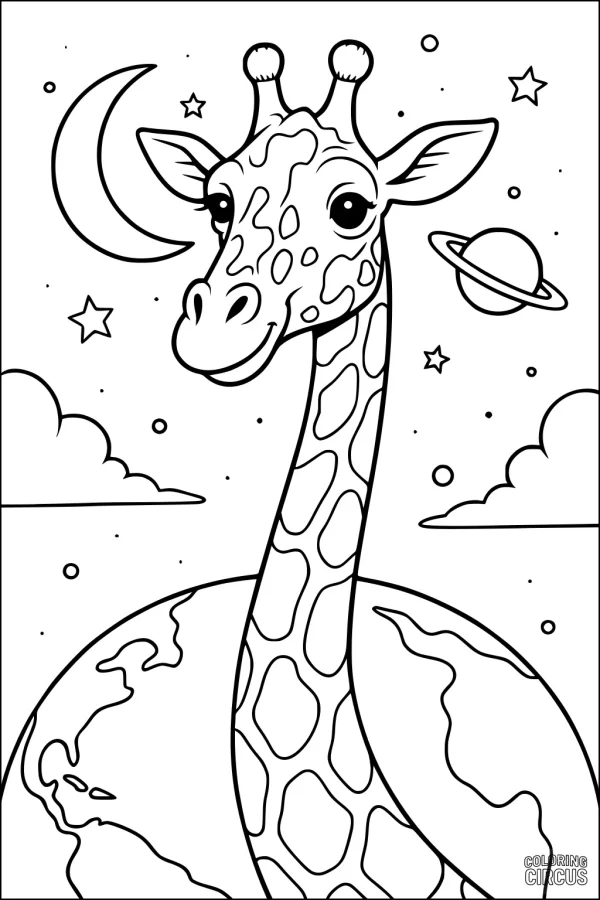 Coloring page giraffe with long neck among stars, moon, clouds, planet, and the Earth below