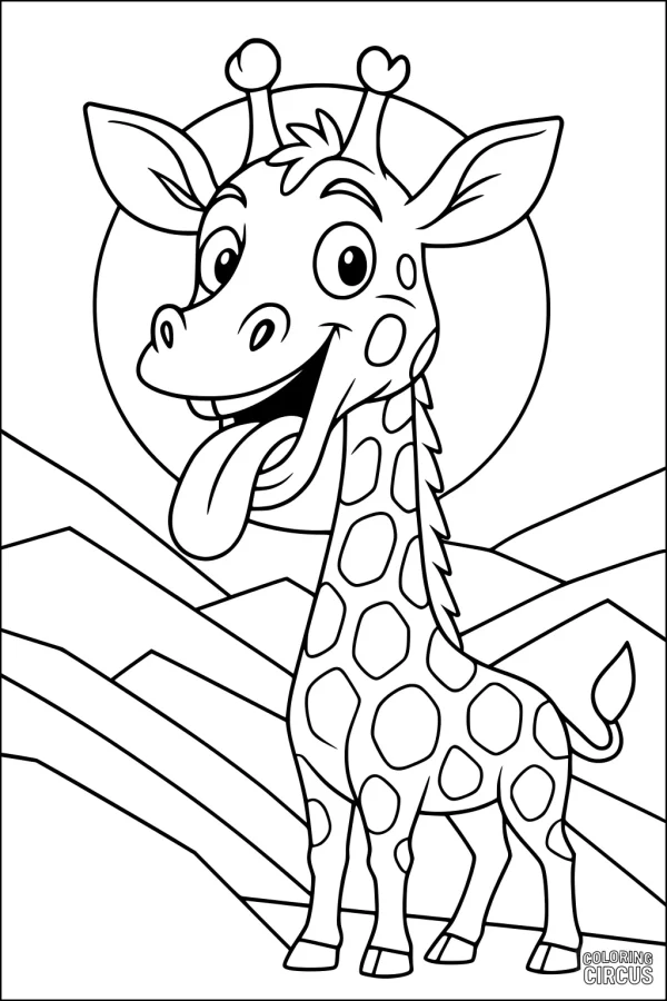 Coloring page of a cheerful giraffe with tongue out standing in front of the sun and hills
