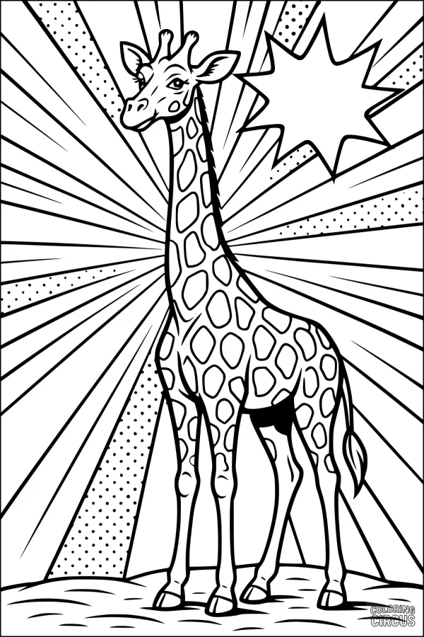 Coloring page shows a smiling giraffe standing with a sunburst background