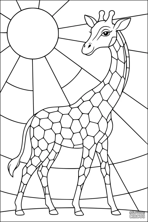 Coloring page giraffe under a radiant sunrise with geometric patterns