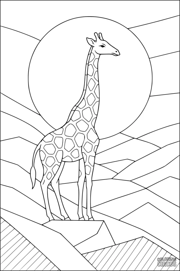 Coloring page with a standing giraffe on hills in front of a large sun