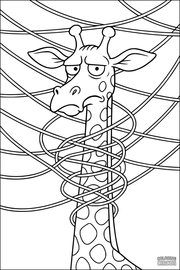 Coloring page of a cartoon giraffe with a long neck tangled in swirling vines