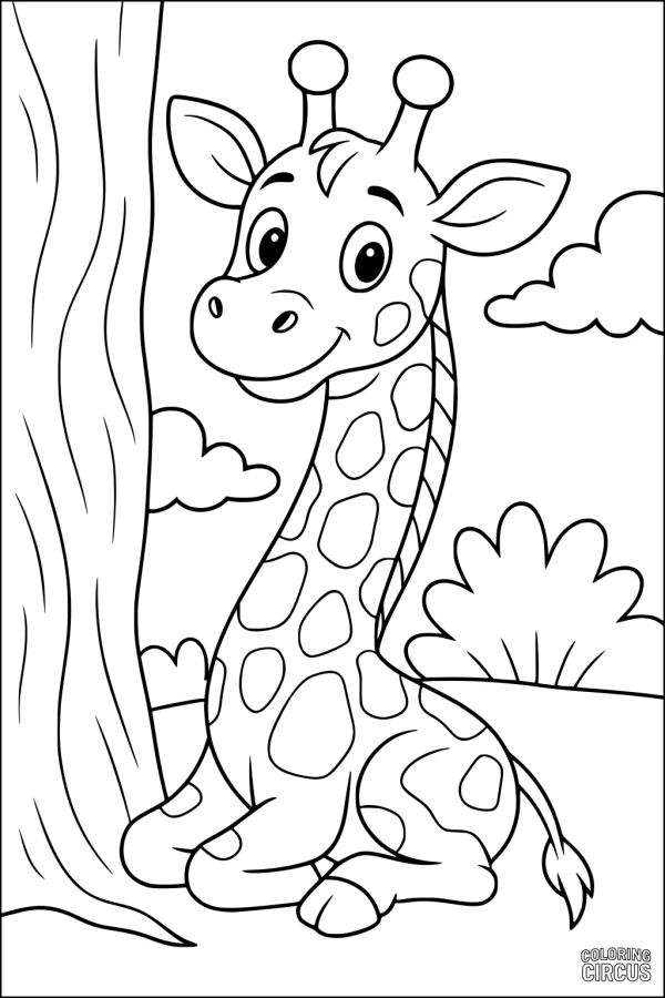 Coloring page featuring a cute giraffe sitting by a tree with clouds and bushes in the background