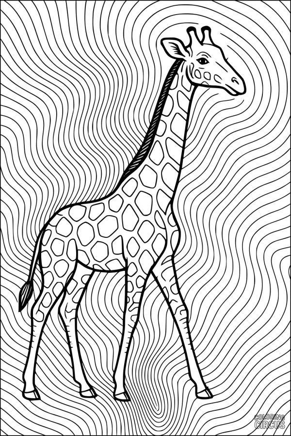 Coloring page featuring a giraffe standing amidst wavy, abstract background lines
