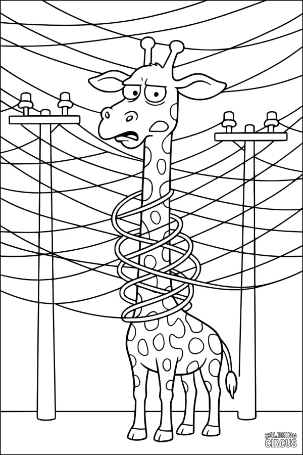 Coloring page with a cartoon giraffe tangled in power lines between poles