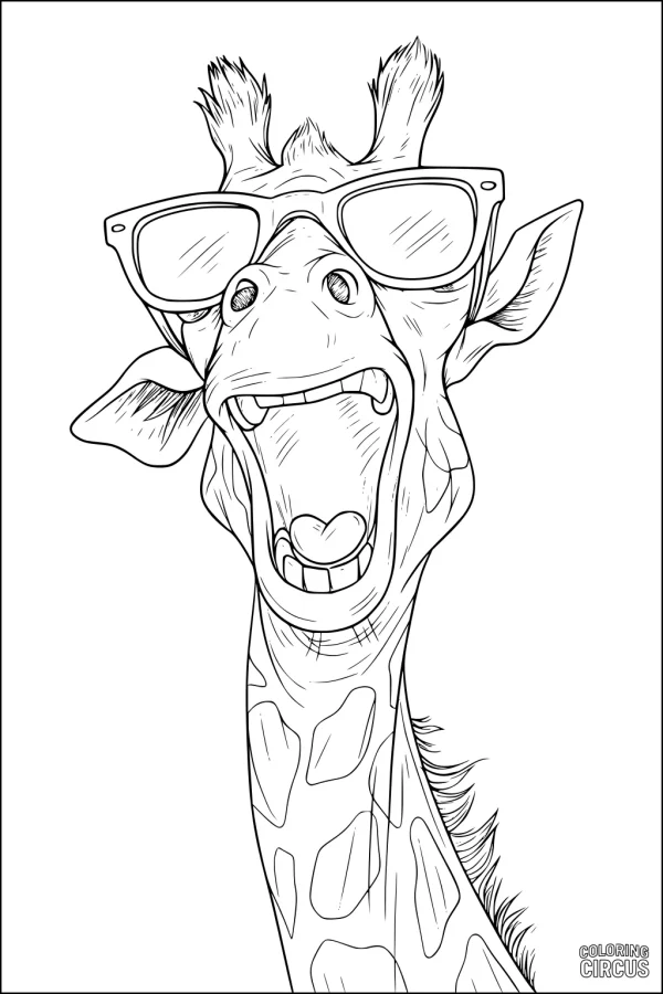 Coloring page of a happy giraffe wearing sunglasses with a wide open mouth