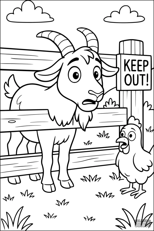 Coloring page of a cartoon goat peeking through a fence with a chicken, keep out sign, and grassy yard