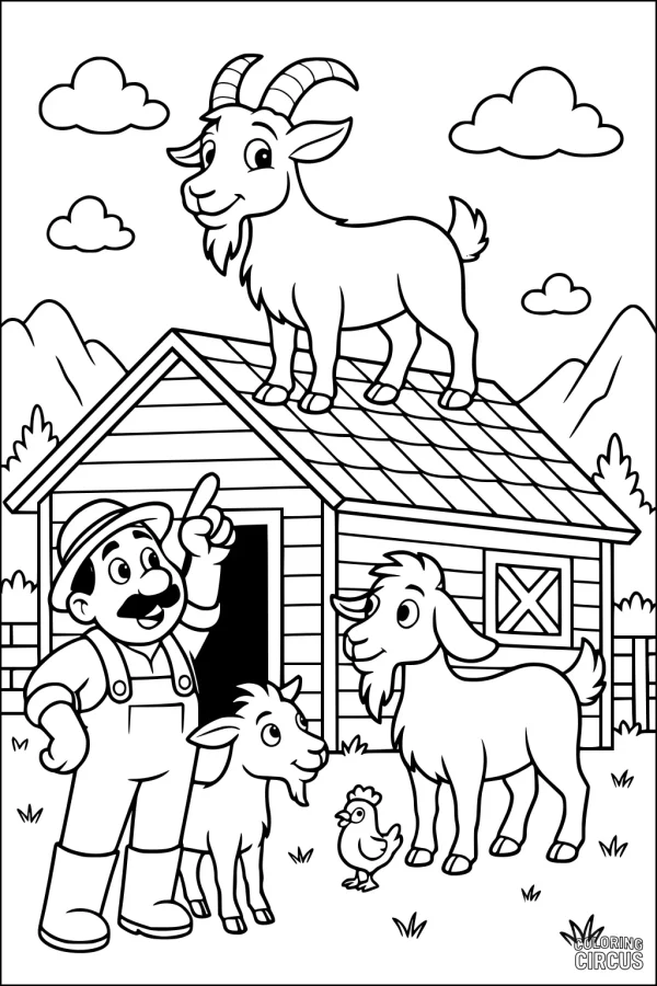 Coloring page of a goat on a barn roof with farmer and animals on a farm