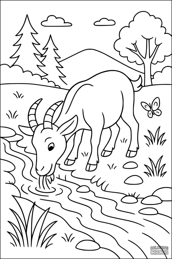 Coloring page of a goat drinking from a stream with trees, butterfly, and mountains in the background