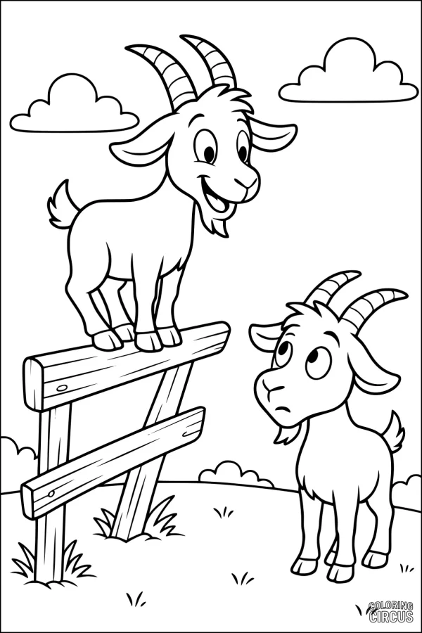 Coloring page with two cartoon goats near a wooden fence in a grassy field with clouds.