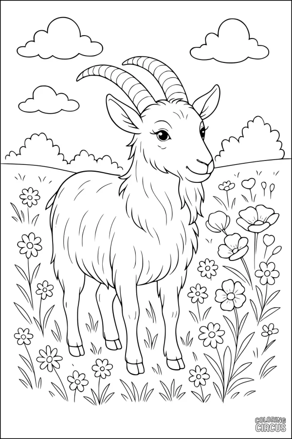 Coloring page goat standing in flower meadow with clouds and hills in background