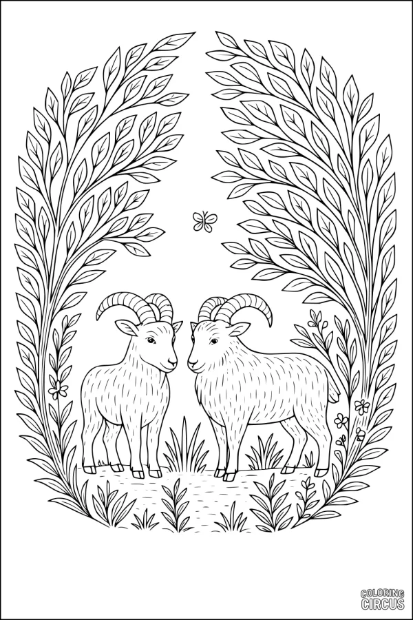 Coloring page with two goats standing in a leafy meadow surrounded by tall branches, flowers, and a butterfly