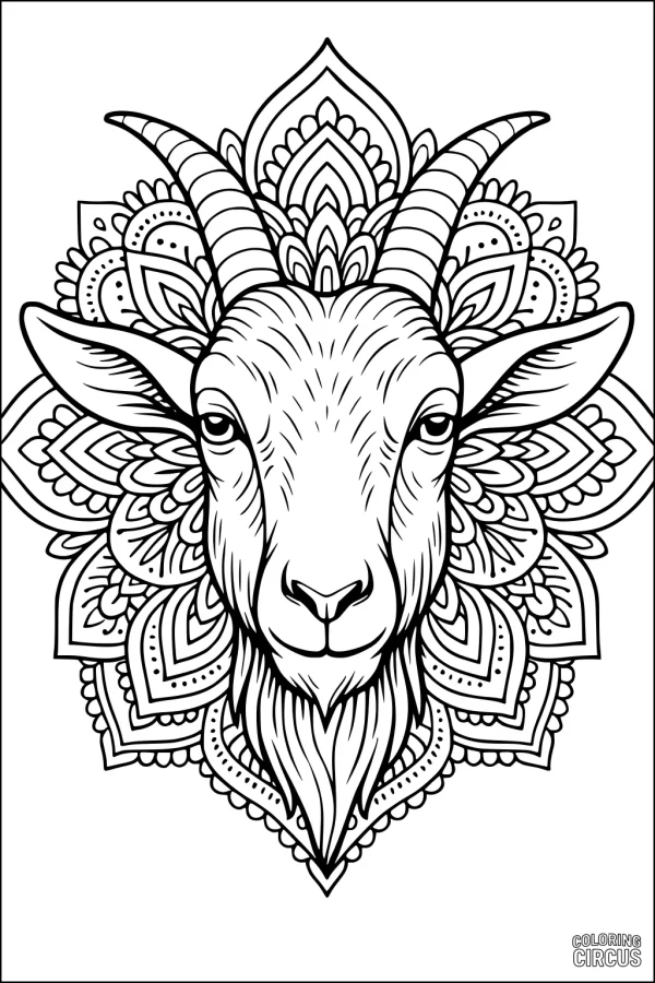 Coloring page featuring a detailed goat face with decorative mandala patterns