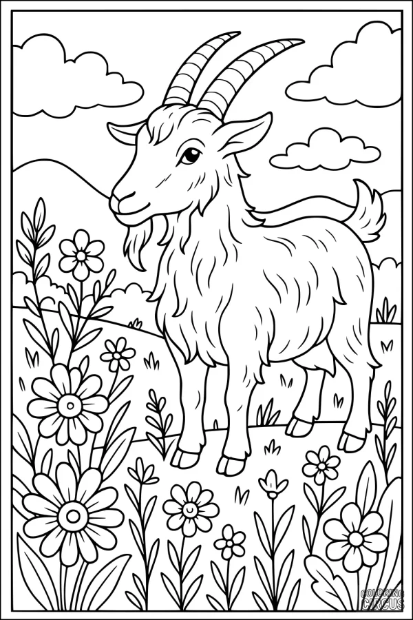 Coloring page of a goat standing in a flower-filled meadow with clouds and hills in the background
