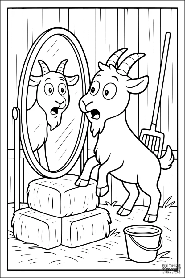 Coloring page of a surprised goat looking into a mirror inside a barn with hay and a bucket