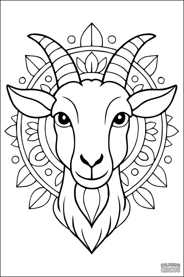 Coloring page of a goat face with decorative nature mandala background