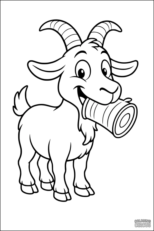 Coloring page of a cartoon goat holding a tin can in its mouth, suitable for young children